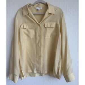 Chaus & Co Womens 100% Silk Button Front Shirt Butter Yellow Size 12 Roll Tab